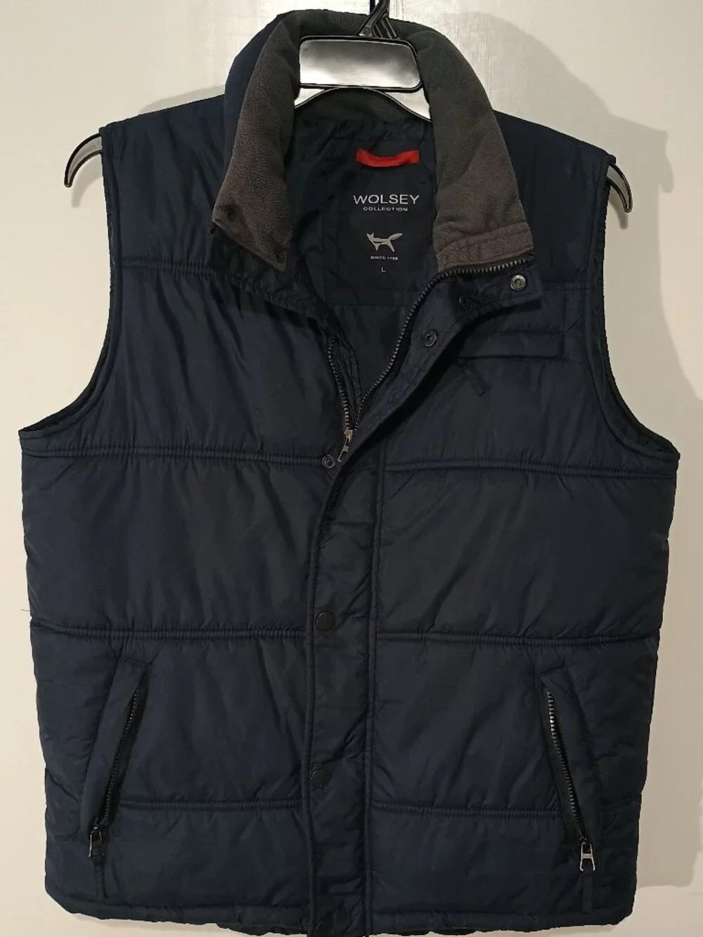 Wolsey Collection Men’s Navy Blue Quilted Puffer Vest Size L Full Zip Snap Front